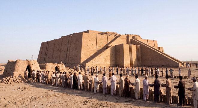 A group of people wearing traditional garments gathers along the lower stairs of an imposing ancient desert ziggurat reflecting historical gatherings and sacred sites