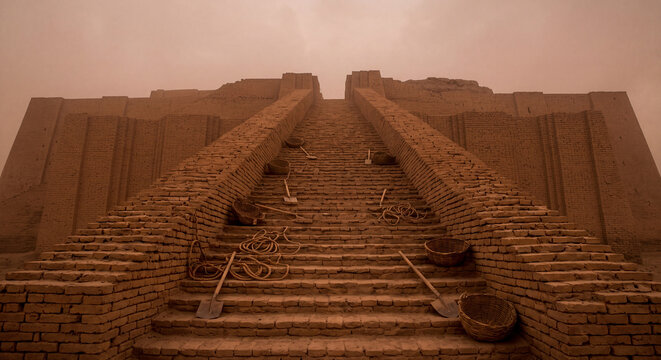 A dramatic central view of the grand brick staircase ascending an ancient ziggurat under a dusty atmospheric sky emphasizing monumental scale