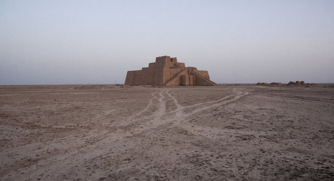 A wide desert landscape showing tire tracks leading toward an ancient ziggurat standing on the horizon under a quiet muted sky at dusk