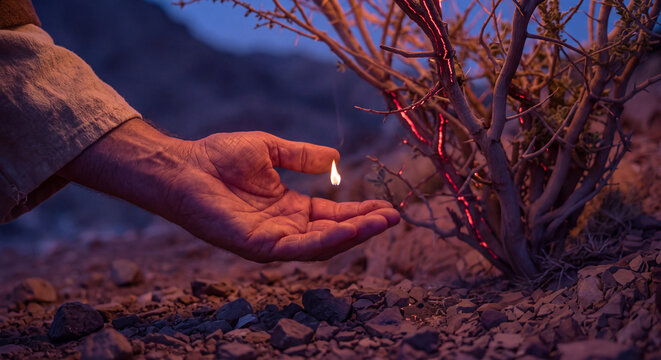 An open hand reaches outward toward a small glowing flame while a miraculous burning bush blazes against the twilight desert landscape