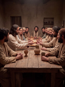 Jesus Christ gathers with his twelve apostles around a rustic wooden table sharing bread and wine during the sacred last supper