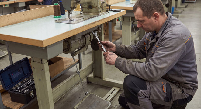 A skilled male cobbler in work clothes sitting at a wooden workbench crafting and repairing leather shoes with manual tools in his studio