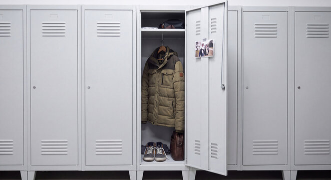 Row of white metal lockers in an employee cloakroom with one door open revealing winter jacket shoes and personal belongings on shelves inside