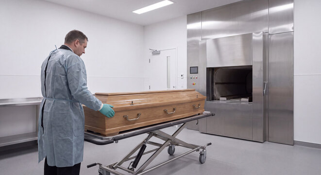 A mortician in a protective lab coat pushes a wheeled gurney carrying a simple wooden coffin toward an industrial cremation furnace in a modern facility