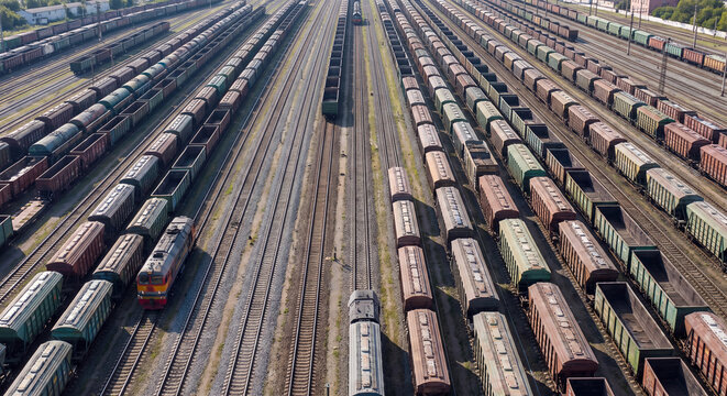 High angle aerial perspective overlooking extensive railway classification yard filled with numerous parallel tracks and rows of freight wagons