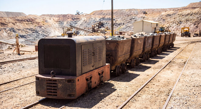 Small industrial locomotive pulling open haulage mine carts filled with extracted ore rocks along narrow tracks in sunny open pit quarry