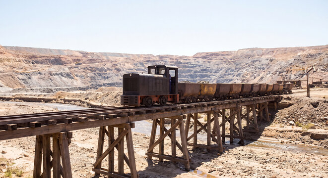 Industrial mine train pulling loaded rock cars across a wooden trestle bridge spanning quarry terrain in bright sunny open pit mine