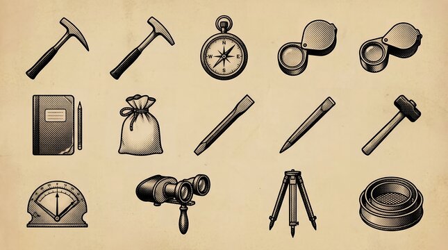 Geology explorer kit graphics black ink style for field survey mapping and stone samples.