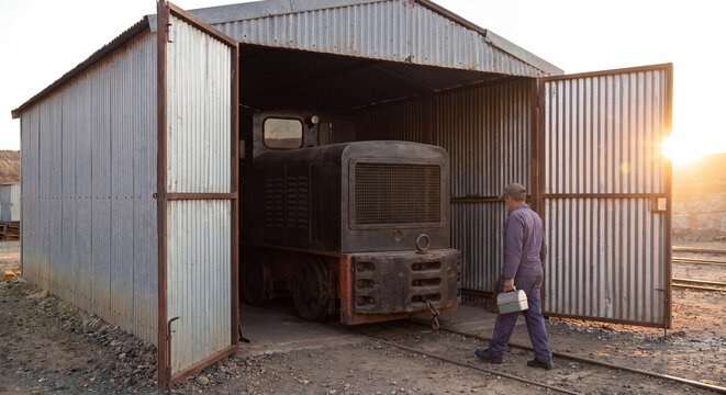 A railway maintenance technician walks outside an open industrial shed housing a locomotive engine on a bright sunny day during scheduled railway facility inspections
