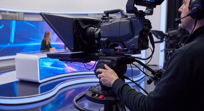 A professional studio cameraman with headset operates broadcast camera equipment filming presenter on bright modern news television set