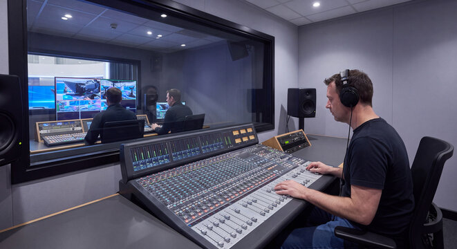 An audio technician wearing headphones controls faders on large digital sound mixing desk while monitoring studio production screens in booth