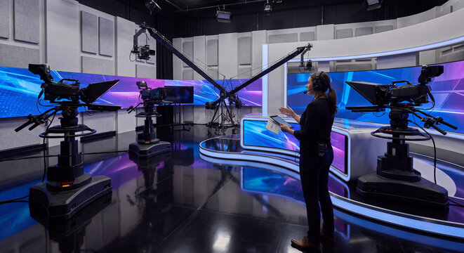 Television studio crew member walking past automated pedestal cameras on glossy floor of expansive newsroom set with digital video walls