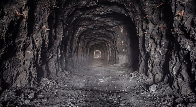 Curving dark underground tunnel carved through rough rock walls illuminated by dim lights in subterranean mine shaft