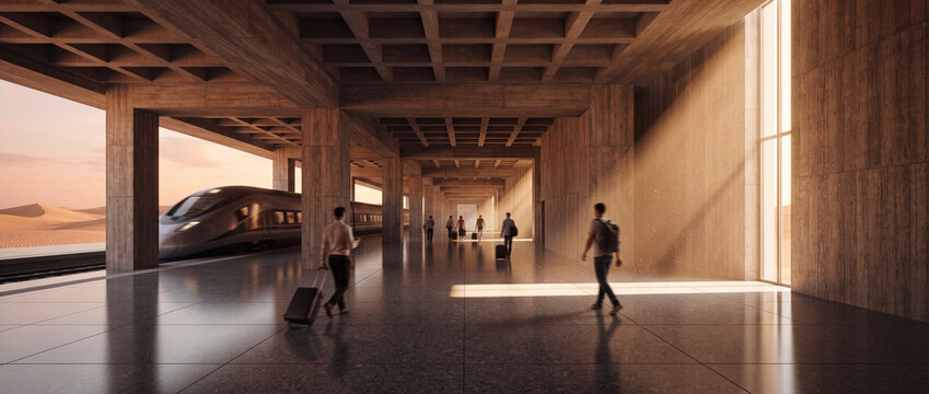 Train station interior with modern passenger train featuring brutalist concrete architecture, coffered ceiling, and sunlight illuminating commuters with luggage in a desert hub