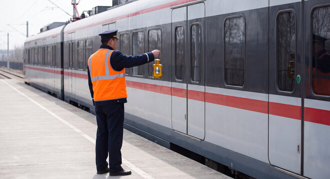 Train conductor wearing safety vest standing on railway platform signaling next to passenger train with departure indicator
