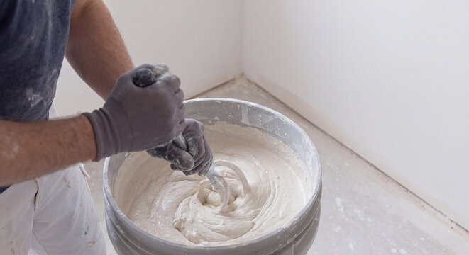Close up of construction worker hands in grey protective gloves stirring and preparing wet white plaster or mortar mixture in round bucket at renovation site