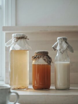 Three bottles of homemade fermented drinks on a wooden shelf &ndash; Great for gut health content, natural food blogs, or zero waste themes