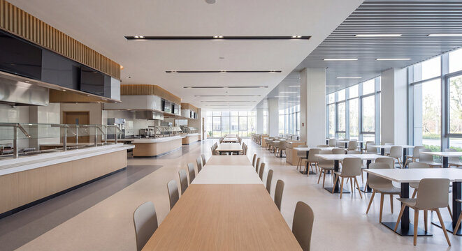 Empty spacious contemporary dining hall and canteen in hospital or office building featuring long food serving counter and dining tables by window