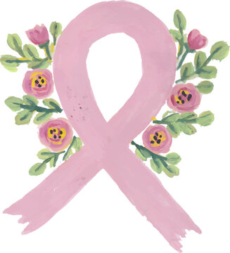 Watercolor Pink Ribbon with Floral Accents Isolated