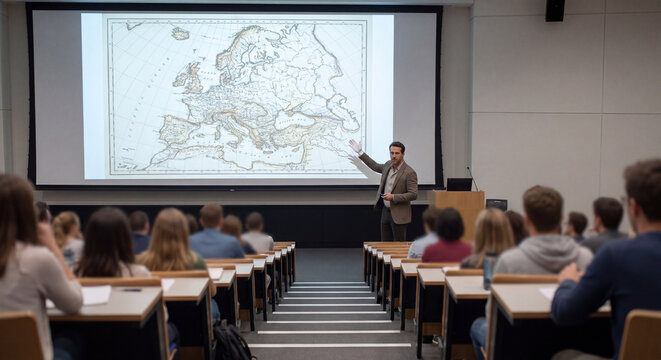 University professor stands at the front of a lecture hall presenting historical map slides to a classroom full of attentive students.