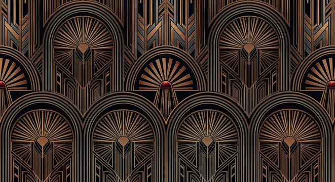 Elegant art deco pattern with geometric arches and golden sunburst details