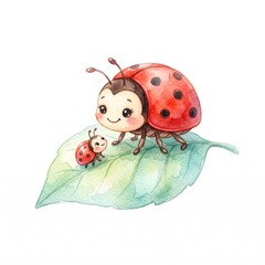 Fototapeta premium Cute watercolor illustration of a mother ladybug and her baby ladybug sitting on a green leaf