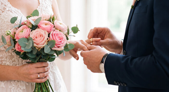 A close up shot of a groom putting an elegant wedding ring onto the finger of his bride holding a pastel rose bouquet