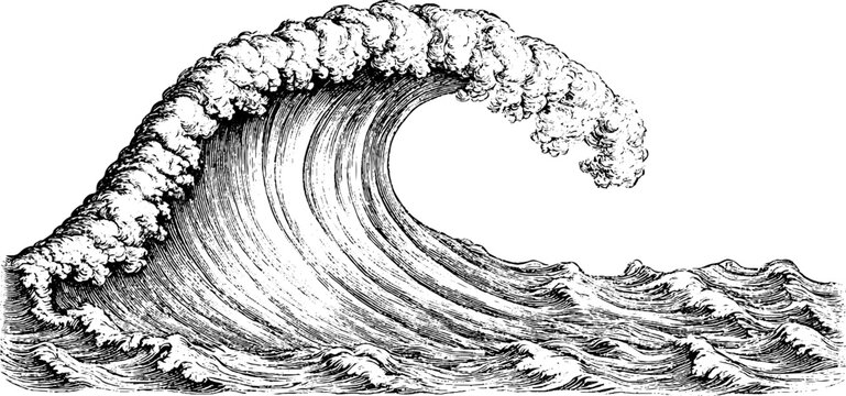 Antique engraved tidal wave on white background for nautical background and poster design with vintage linework and detailed ocean texture