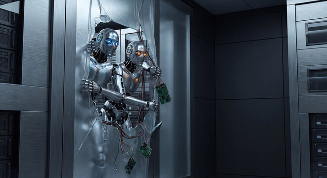 Advanced mechanical humanoid android standing in modern computing server facility with sophisticated exposed circuits and metal frame