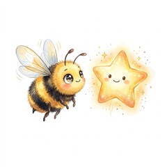 Fototapeta premium Cute watercolor baby bee flying towards a smiling star with sparkles, adorable illustration for children