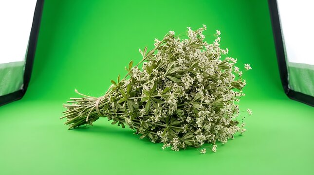 A bunch of dried wild thyme herbs tied together on a bright green background