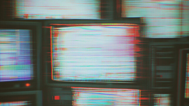 Multiple Computer Monitors With Glitch Screens and Digital Signal Errors
