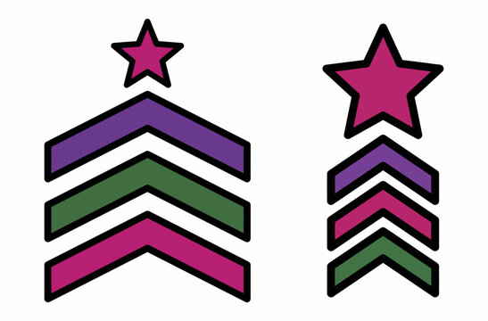 Two sets of colorful military style chevron rank insignias with a five pointed star isolated on white background