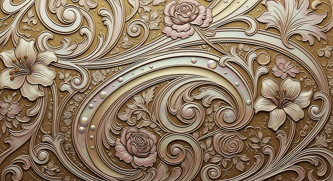 Intricate gold and rose patterned background with floral and scrollwork details