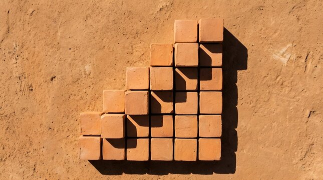 Terracotta clay cubes arranged in a staircase pattern on sandy ground