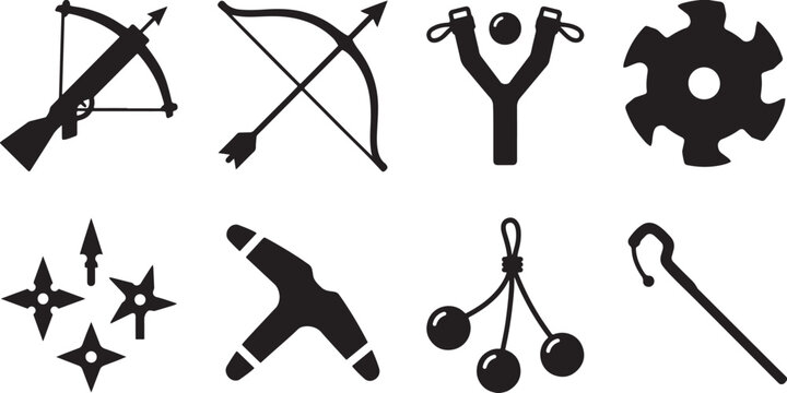 Projectile weapon silhouettes set with crossbow bow and arrow slingshot circular saw blade throwing star boomerang and bolo icon.
