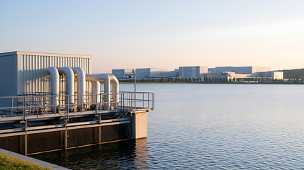 Fototapeta premium Industrial water treatment facility with complex pipeline infrastructure situated near a large natural lake during calm sunset daylight hours