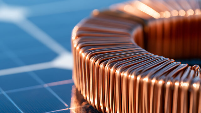Close-up view of a copper wire coil inductor or transformer component resting on a blue solar panel surface in a technical engineering studio