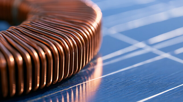 Close-up of a copper wire coil inductor on a blue technical grid background, representing electronic components and hardware design technology