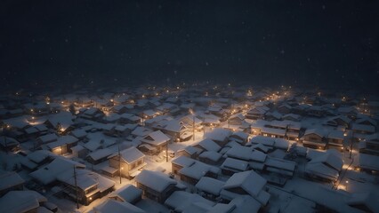 Fototapeta premium An aerial photograph of a traditional Japanese residential area covered in thick white snow at night.