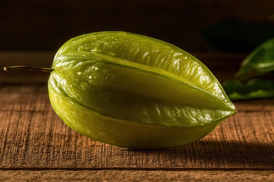 Green carambola fruit on rustic wood