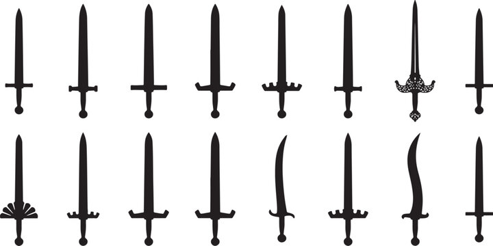 Set of various sword silhouettes, including medieval, fantasy, and historical bladed weapons on transparent background.
