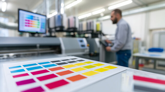 Professional print shop worker operate industrial large format printer machine with color swatch test print sample in foreground production factory