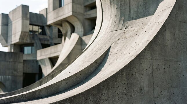 Close up of concrete brutalist architecture with curved structural forms