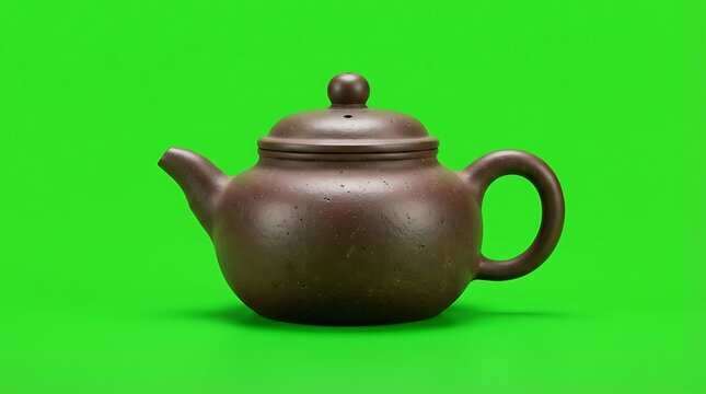A traditional brown clay teapot centered against a solid green background