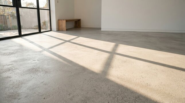 Empty minimalist room with concrete floor and large window
