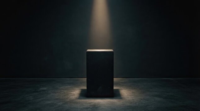 Black pedestal in a dark room with a spotlight from above