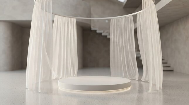 Minimalist product display podium with sheer curtains in modern interior