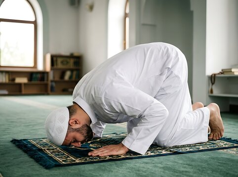 Man praying on a prayer mat in a mosque