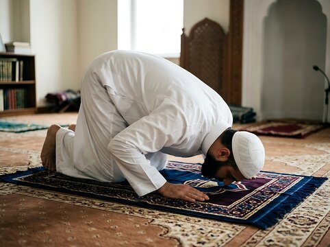 Man praying on a prayer mat in a mosque